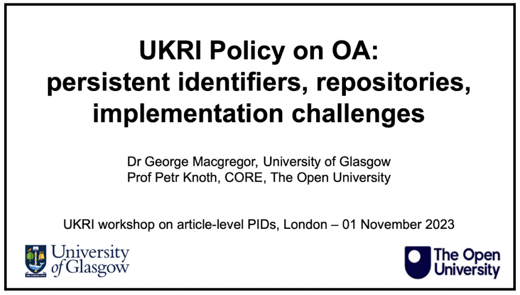 CORE presents at UKRI workshop on research article PIDs and their role in the UKRI OA policy