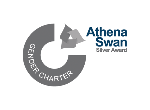 Logo displaying the Athena Swan Silver Award next to a gray circular Gender Charter symbol against a black background.