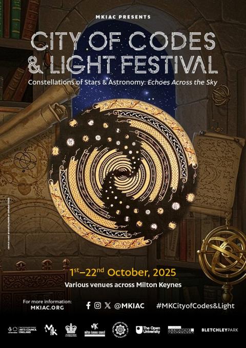 A vibrant cityscape illuminated by colourful lights during the Codes & Light Festival, showcasing artistic displays and installations