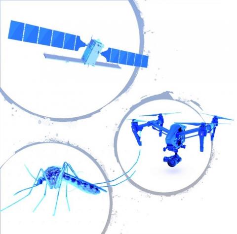 Blue schematic illustration showing a satellite, a drone, and a mosquito connected by abstract lines within circular outlines on a white background.