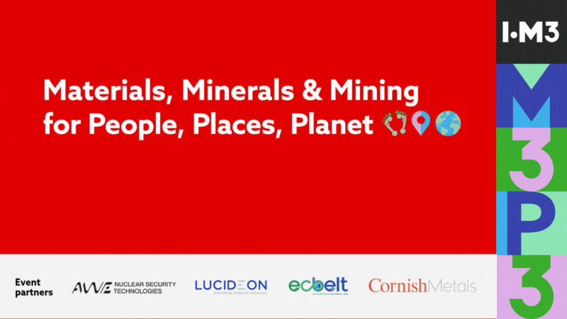 Red banner displaying "Materials, Minerals and Mining for People, Places, Planet" in bold white text