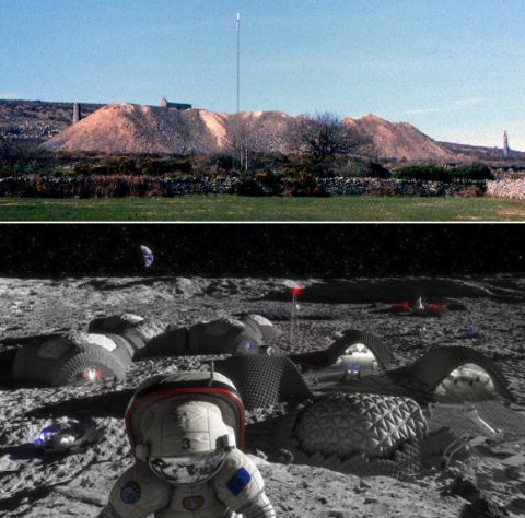 Split image contrasting an Earth landscape with a conceptual lunar base featuring an astronaut and habitat modules.