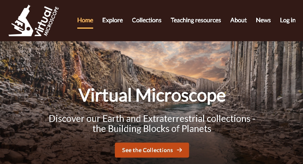 Homepage for Virtual Microscope featuring basalt columns and navigation links for Earth and Extraterrestrial collections.