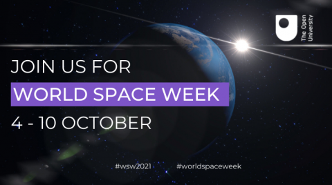 Promotional graphic for World Space Week, October 4-10, featuring a dark space background with Earth and a bright sun flare, text reading "Join us for World Space Week 4 - 10 October," and The Open University logo.