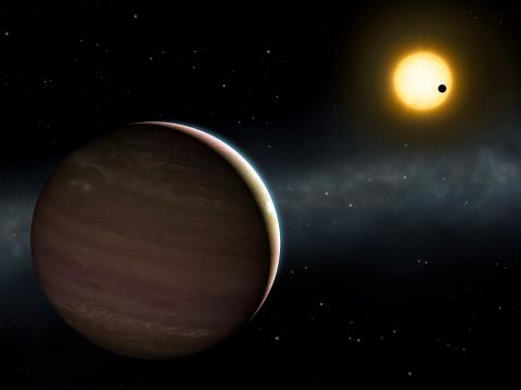An artist's impression depicting a vibrant planet orbiting a bright star in a cosmic landscape.