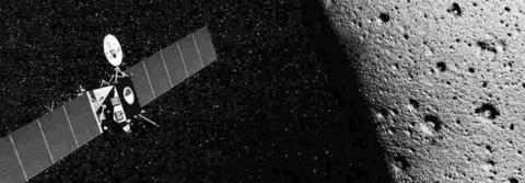 A spacecraft soars above a rocky surface, showcasing the contrast between technology and natural terrain